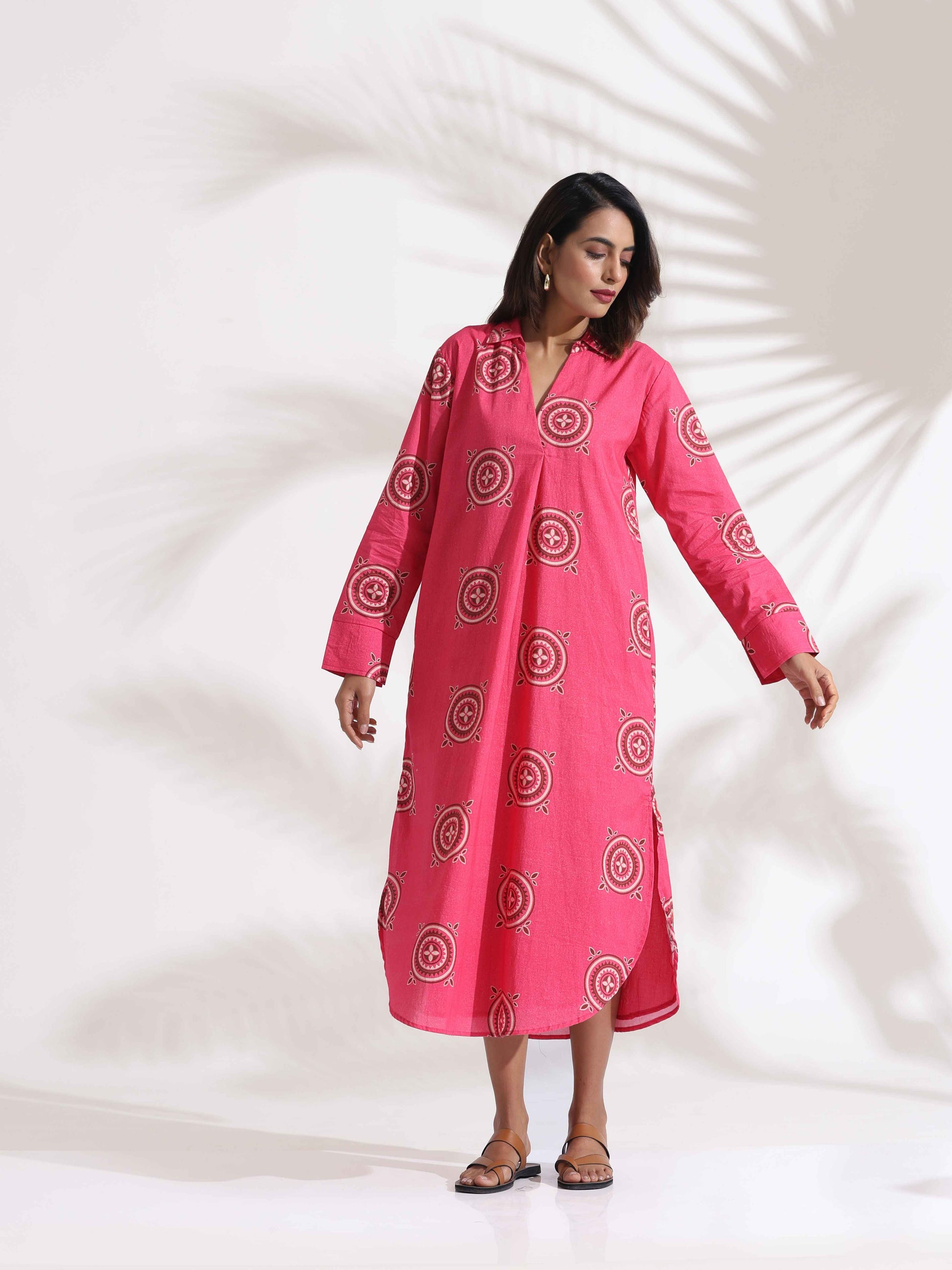 trueBrowns Pink Cotton Print A-line Dress | Swadesiicart