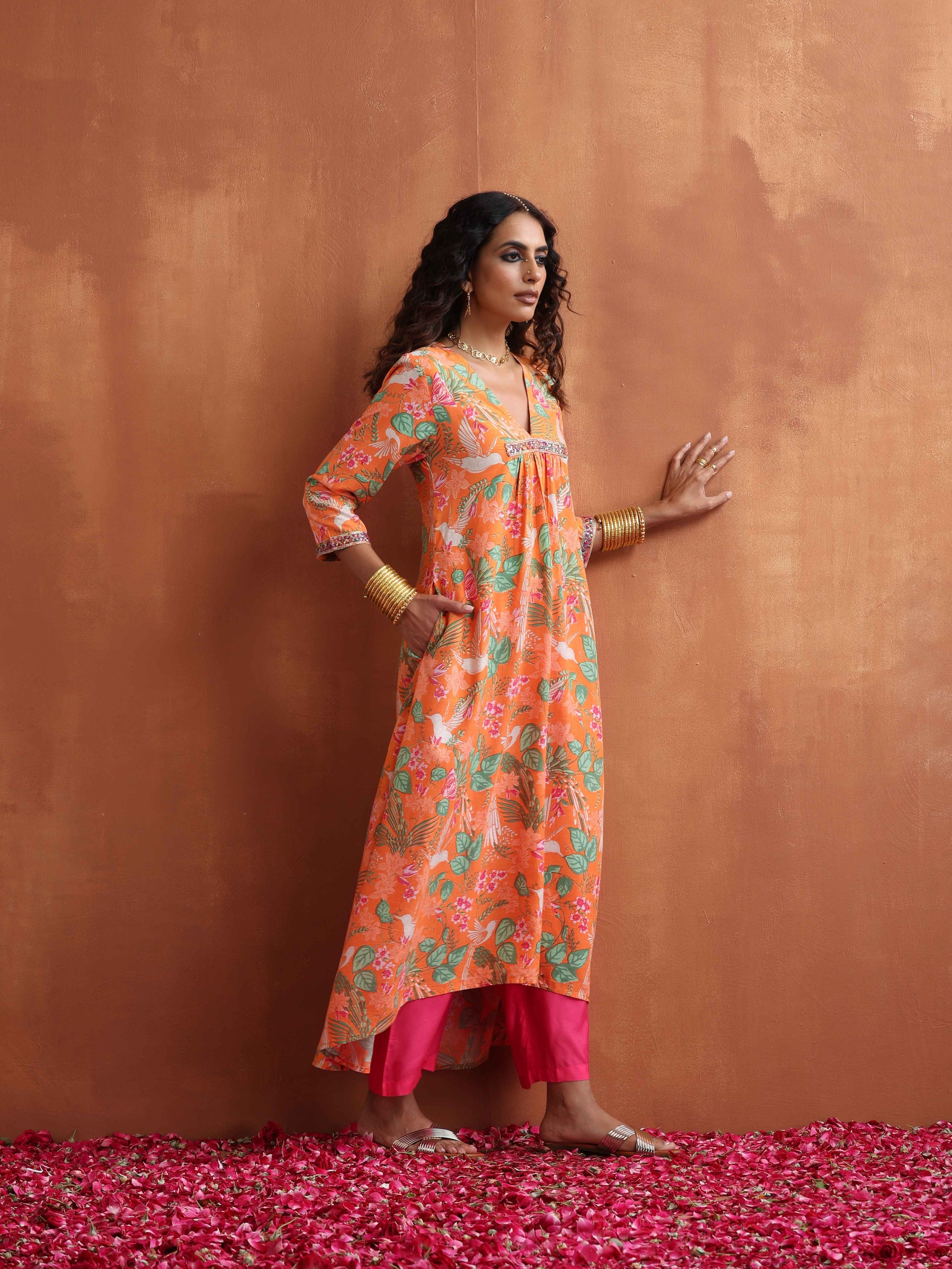 trueBrowns Orange Floral Print A-line Kurta Set | Swadesiicart