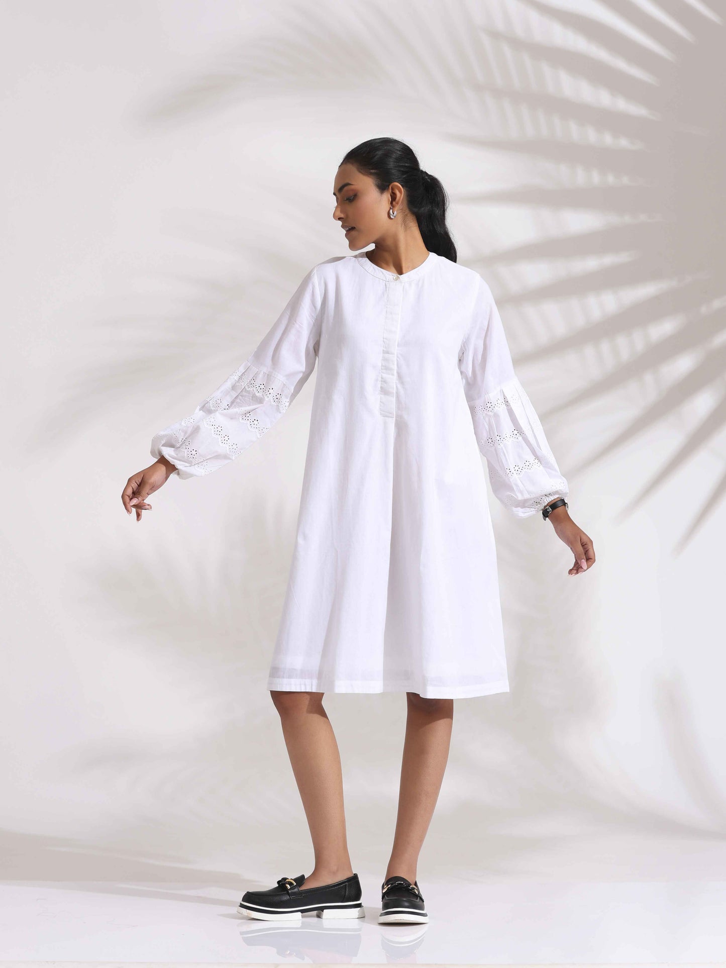 trueBrowns White Cotton Schiffli Short Dress | Swadesiicart