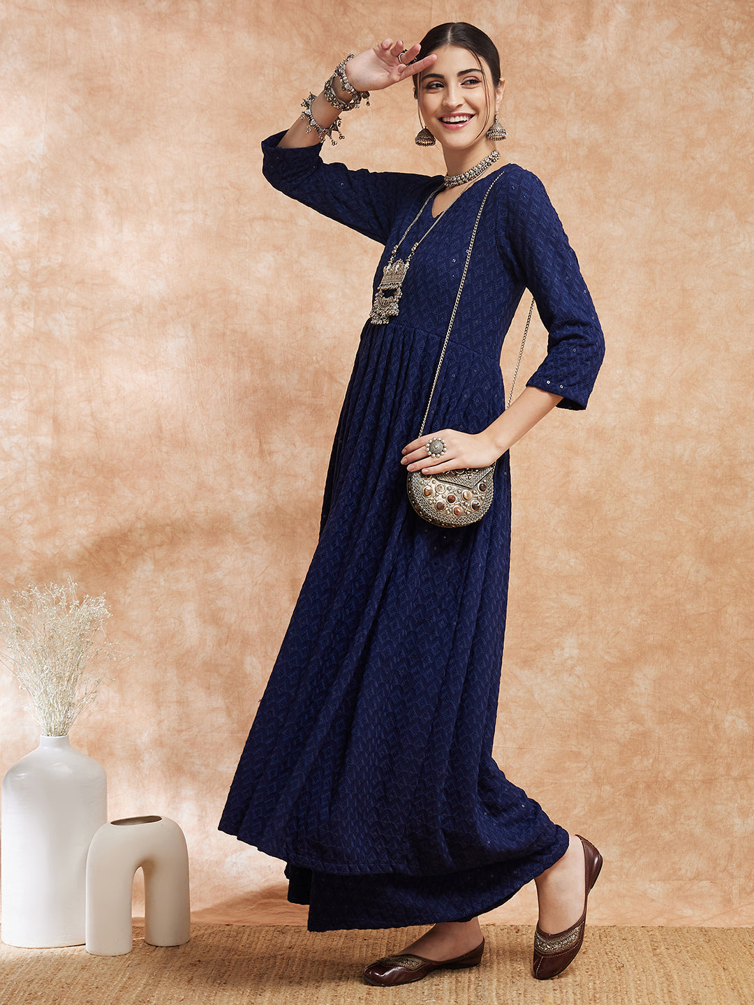 InWeave Women's Royal Blue Chikankari Long Anarkali Kurta Sharara Set - Swadesiicart