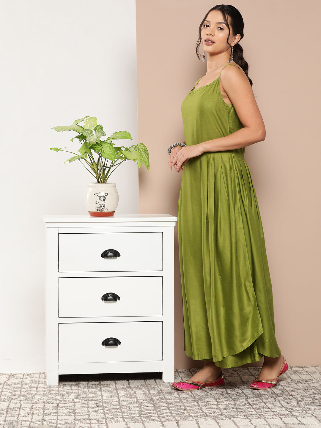 InWeave Women's Olive Green Strappy Set With Pink Green Floral Cape - Swadesiicart