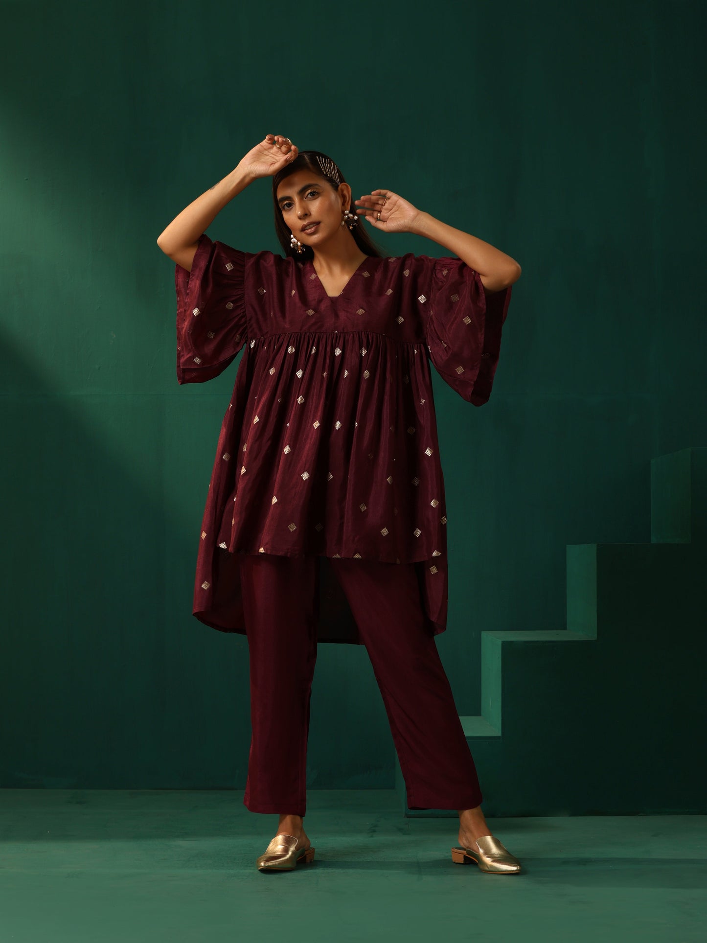 trueBrowns Wine Diamond Viscose Silk Waist Sleeve Gathered Co-ord Set - Swadesiicart