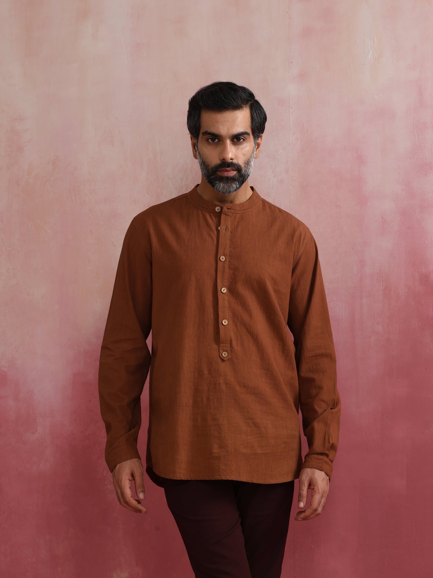 trueBrowns Men's Brown Cotton Mandarin Collar Stylized Kurta | Swadesiicart