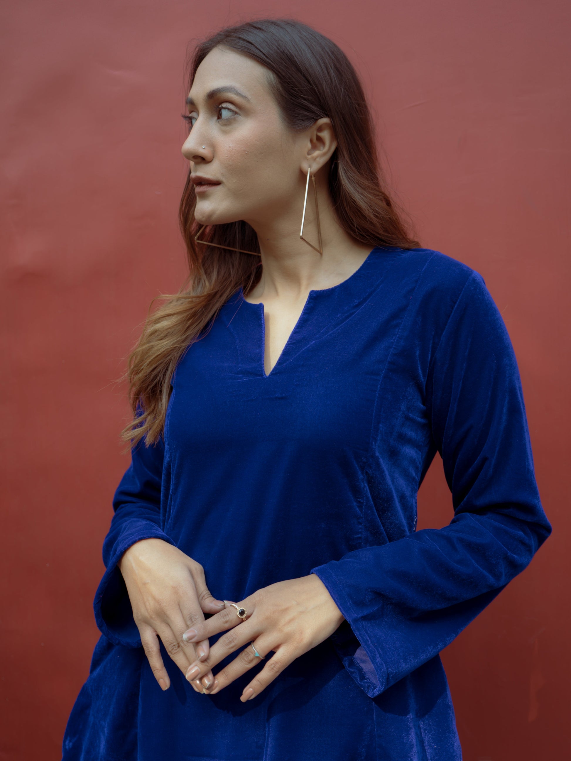 trueBrowns Blue Solid Velvet Co-Ord Set - Swadesiicart
