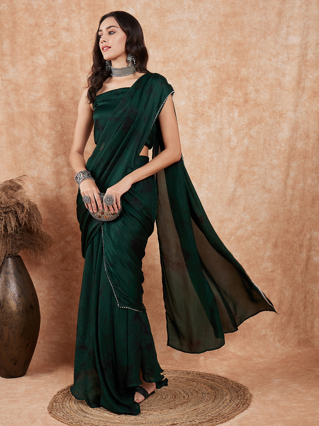 InWeave Women's Dark Green Black Gota Skirt Saree - Swadesiicart