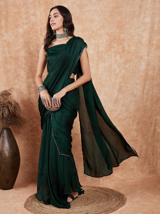 InWeave Women's Dark Green Black Gota Skirt Saree - Swadesiicart
