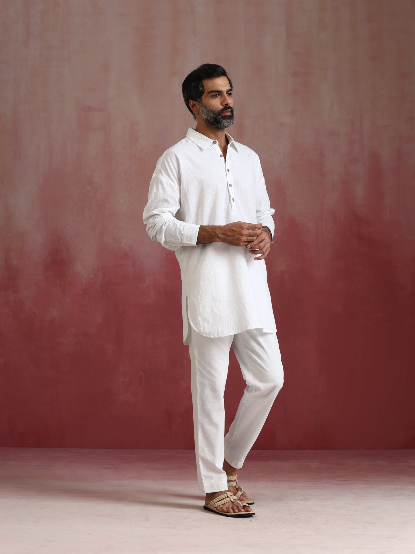 trueBrowns Men's White Cotton Shirt Collar Stylized Kurta Co-ord set - Swadesiicart