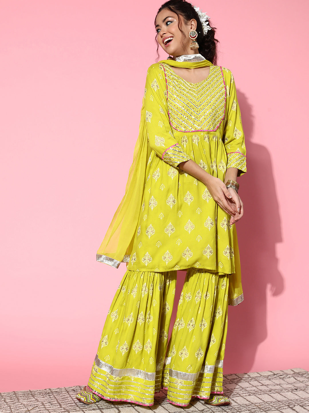InWeave Women's Light Green Gota Work Kurta Sharara Set - Swadesiicart