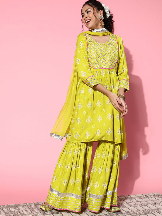 InWeave Women's Light Green Gota Work Kurta Sharara Set - Swadesiicart