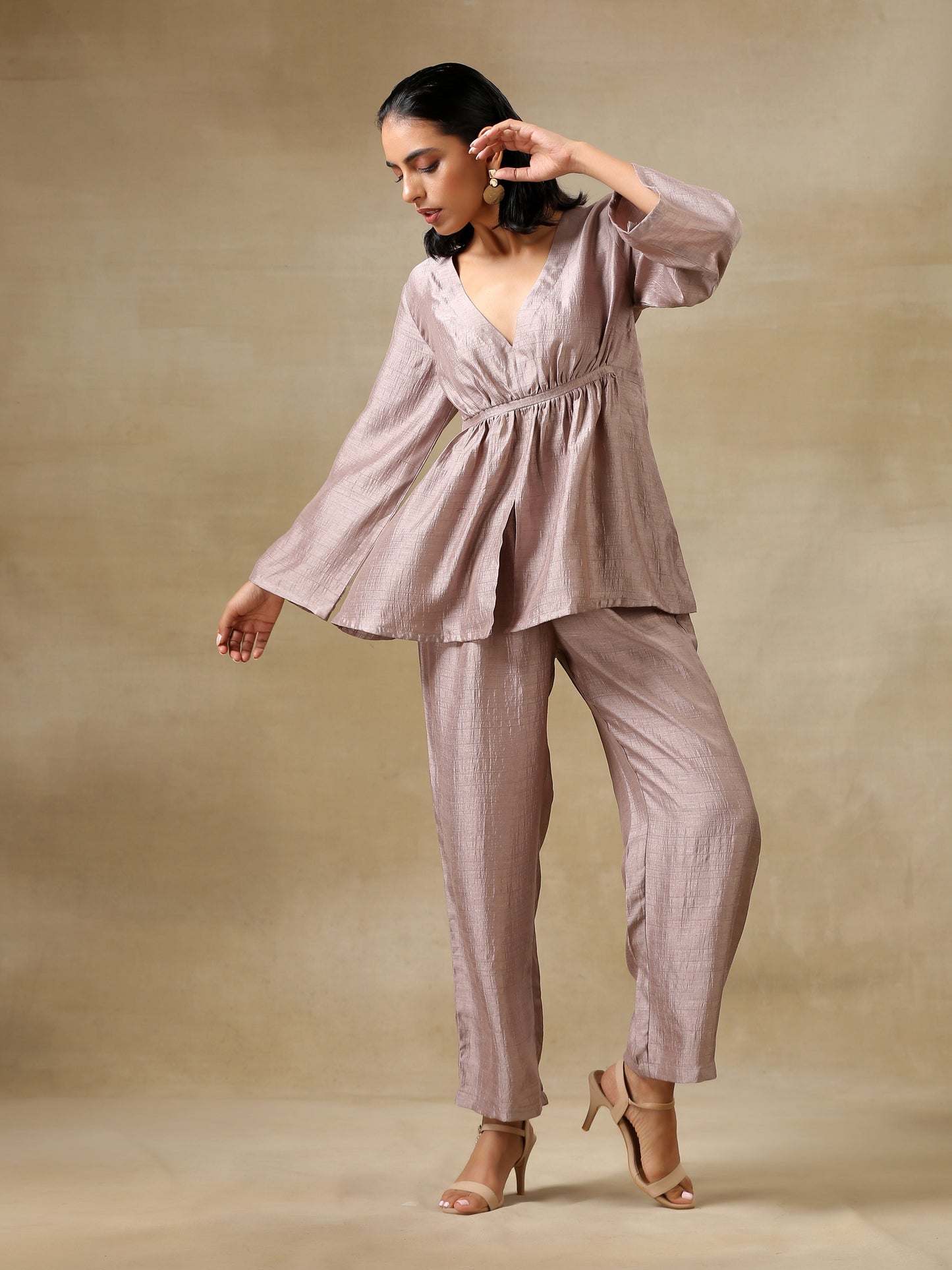 trueBrowns Grey Textured Silk Deep V-Neck Co-Ord Set - Swadesiicart