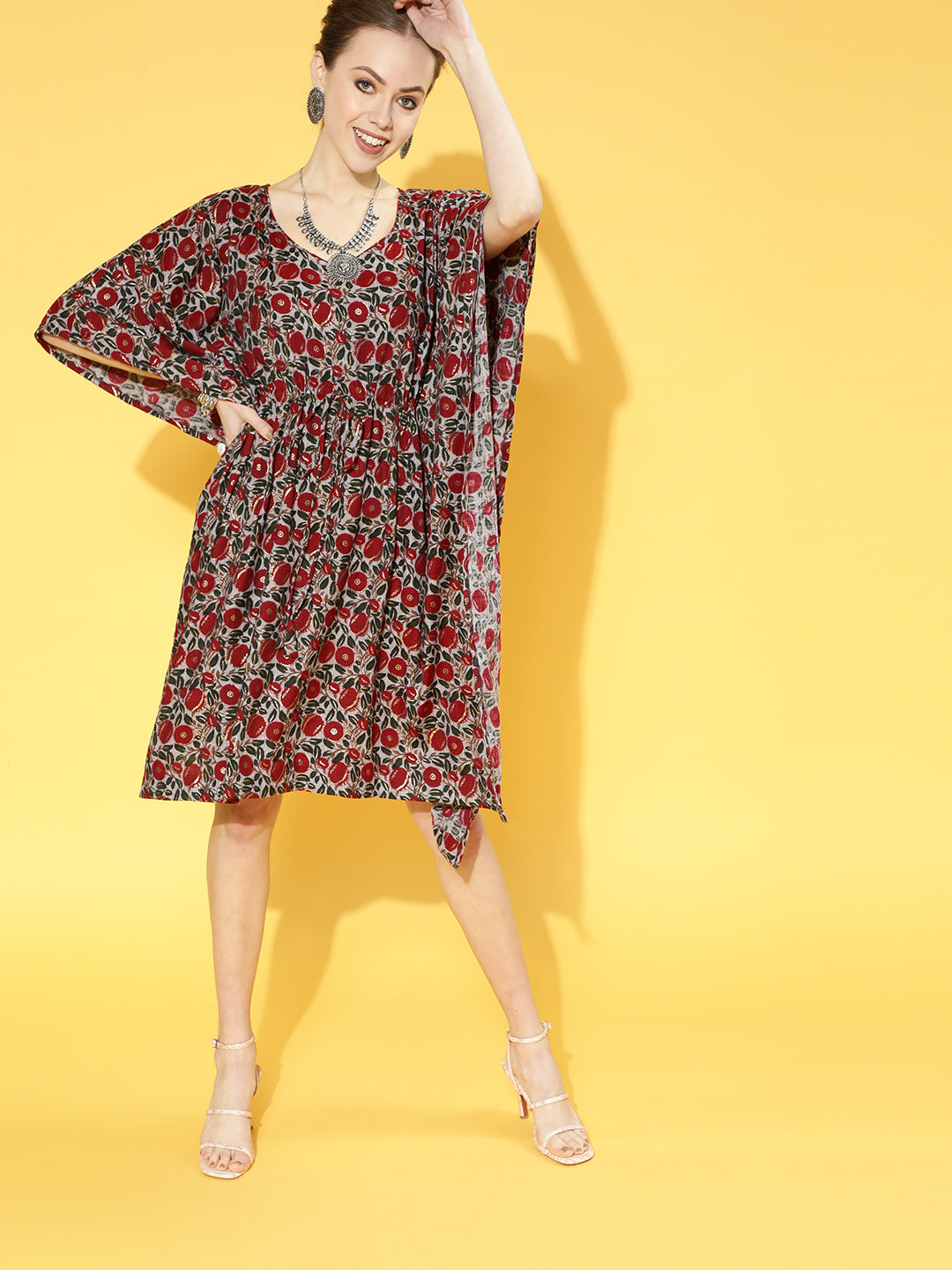 InWeave Women's Maroon Floral Jaal Print Kaftan Dress - Swadesiicart