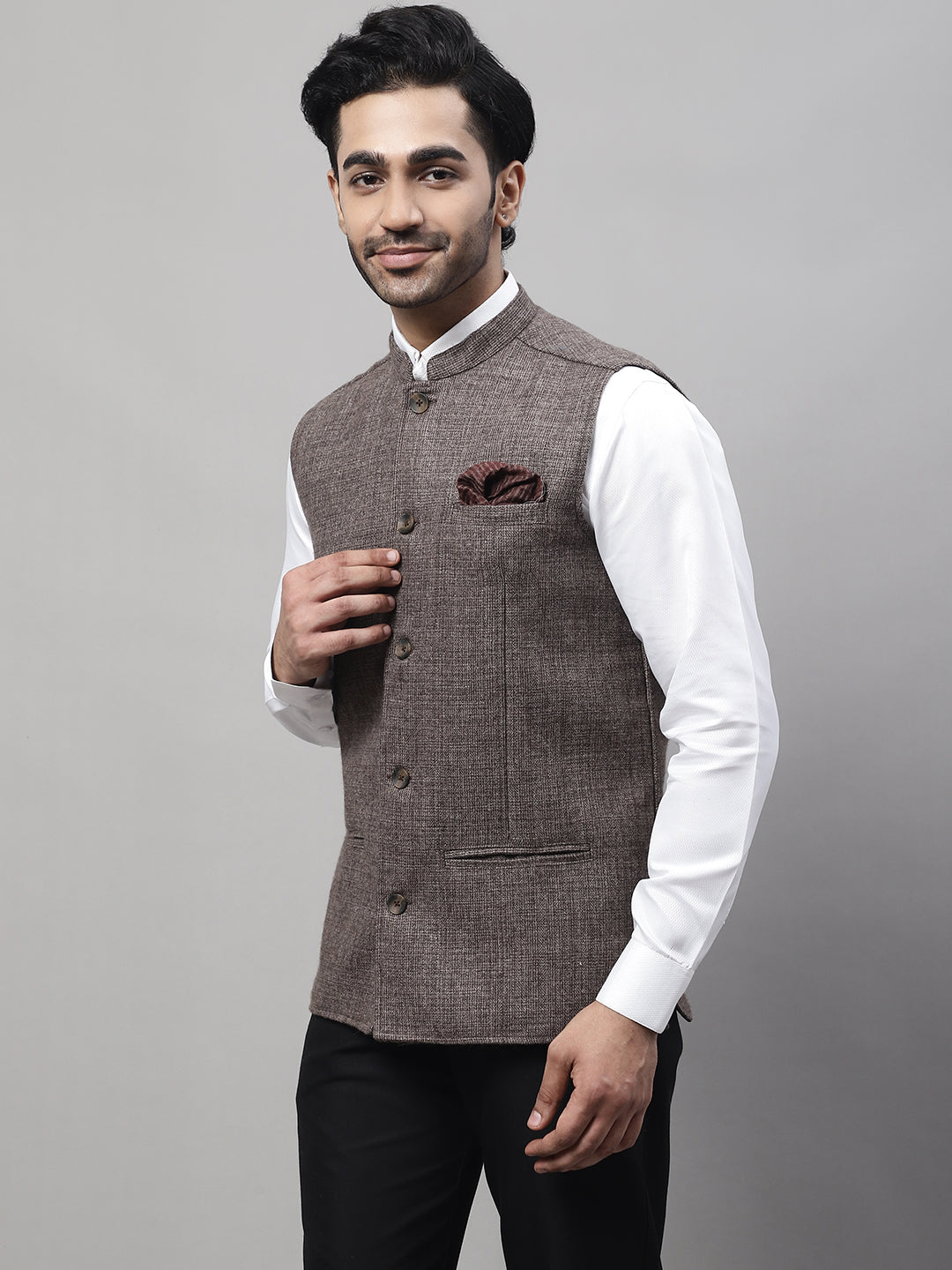 Even Apparels Men's Brown Nehru Jacket With Welt Pockets | Swadesiicart