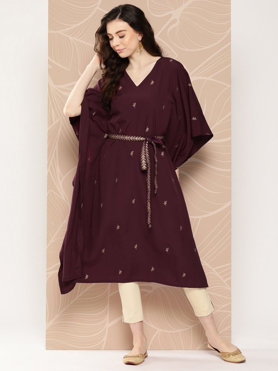 Ahalyaa Women Floral Printed Flared Sleeves Belted Detail Crepe Kaftan Kurta | Swadesiicart