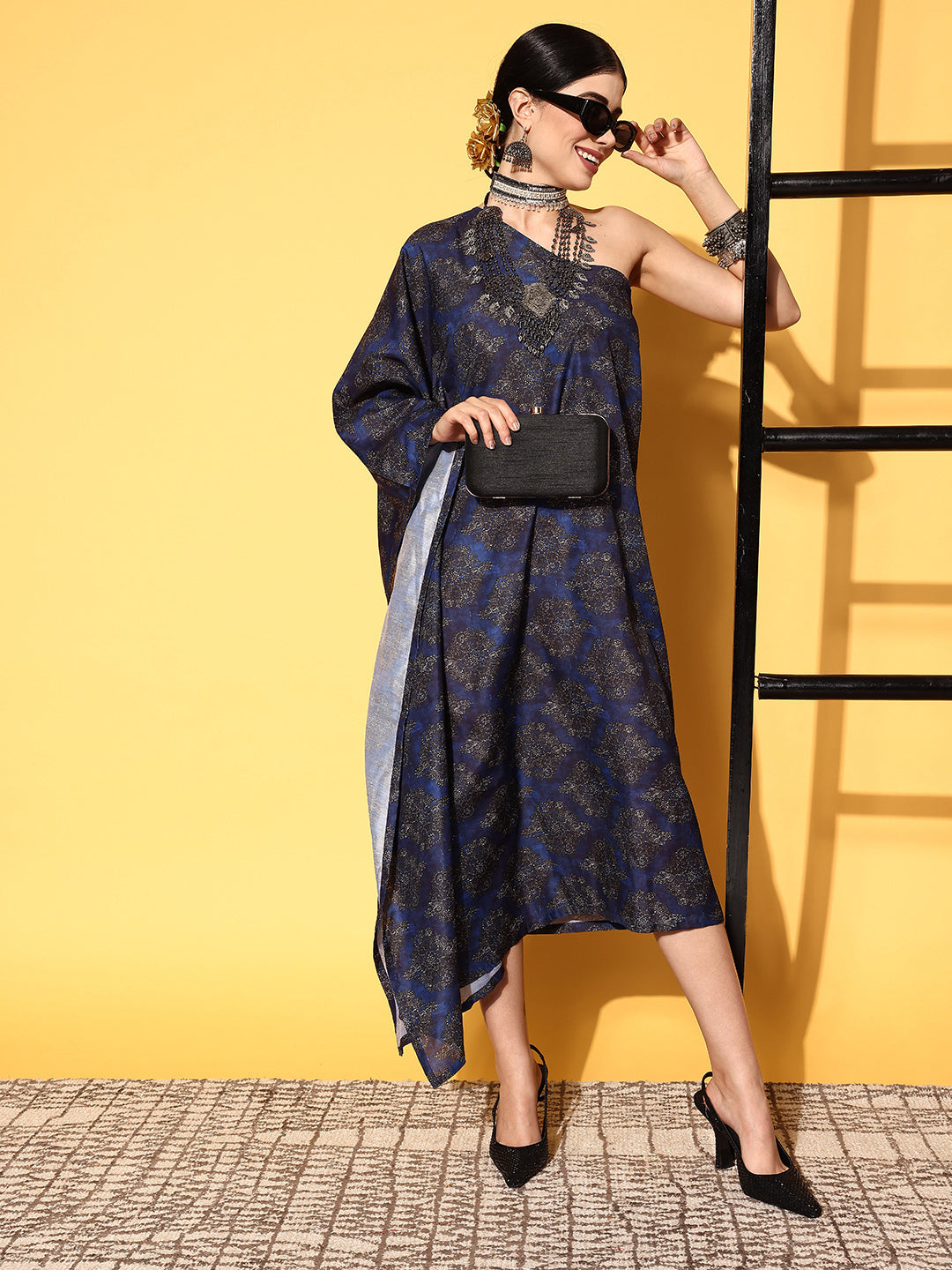 InWeave Women's Indigo Boota Print One Shoulder Kaftan Dress - Swadesiicart