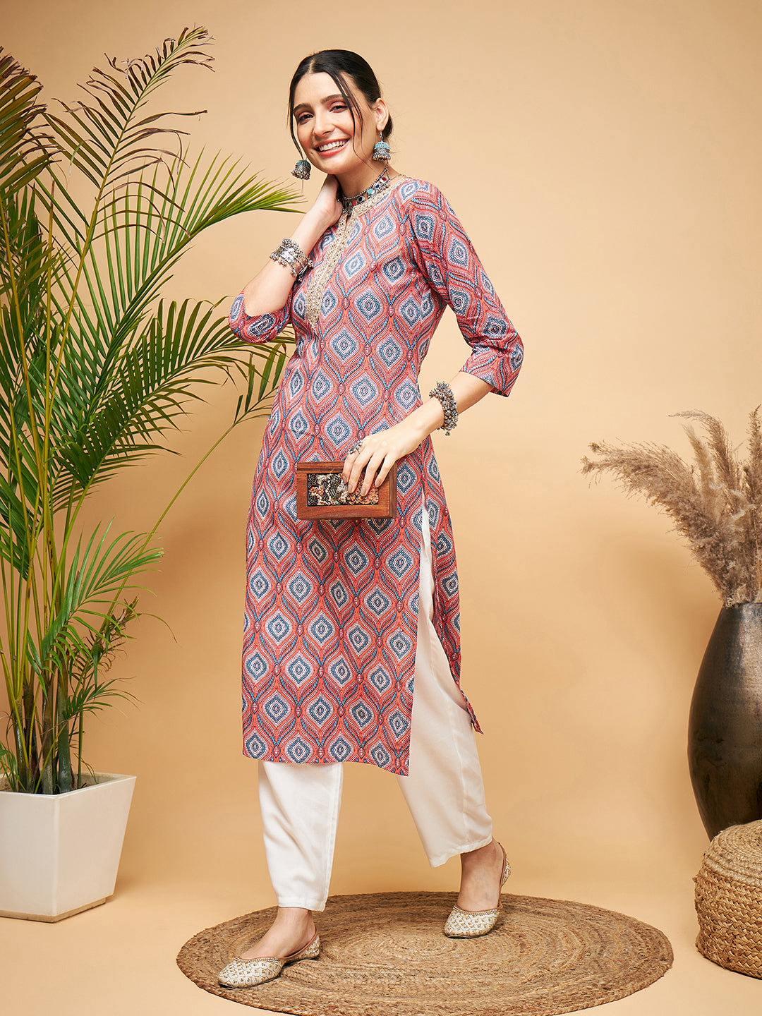 InWeave Women's Red Blue Ogee Print Gota Straight Kurta Pant Set - Swadesiicart