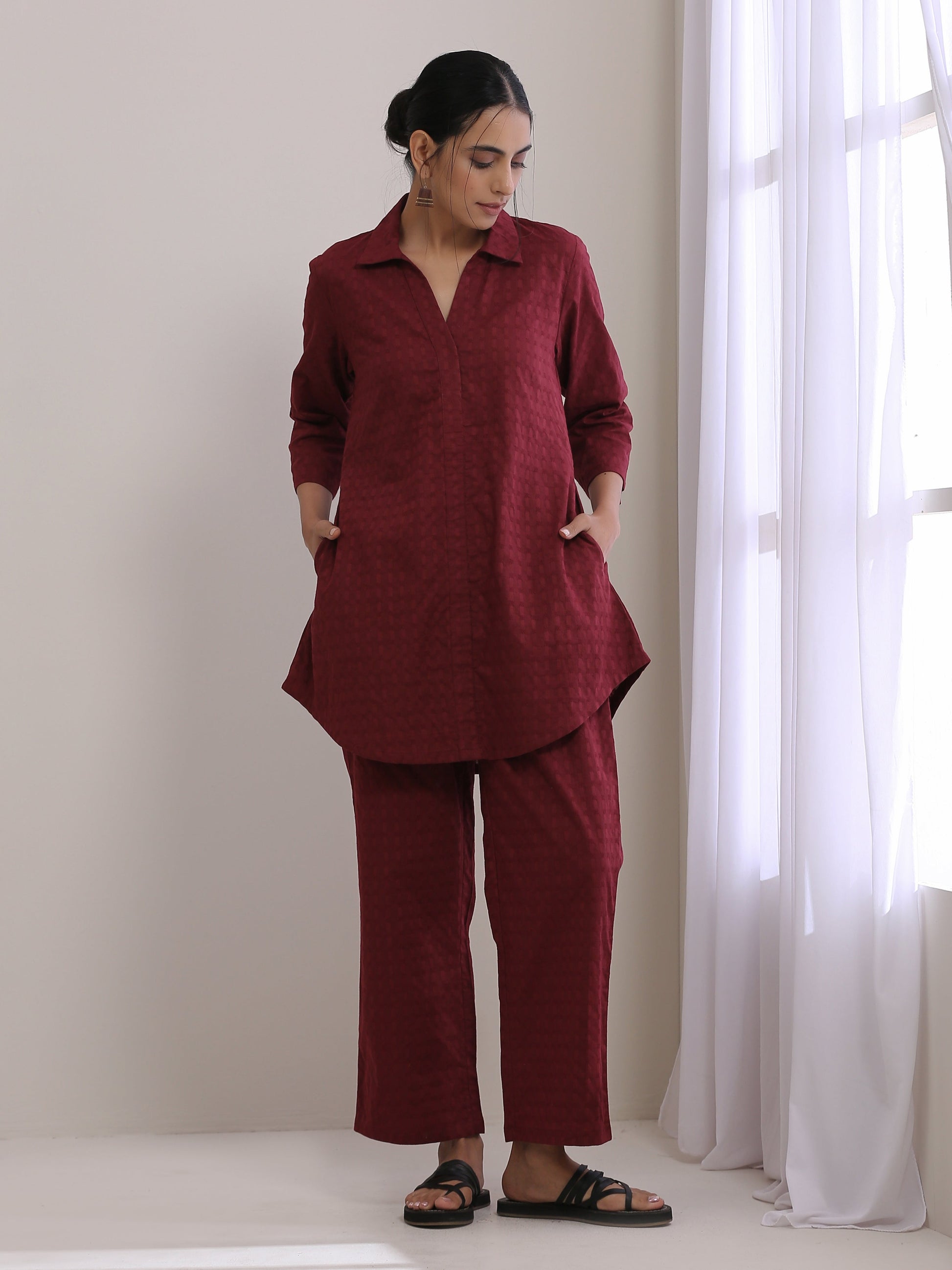 trueBrowns Ruby Wine Dobby Collar Short Co-Ord Set - Swadesiicart