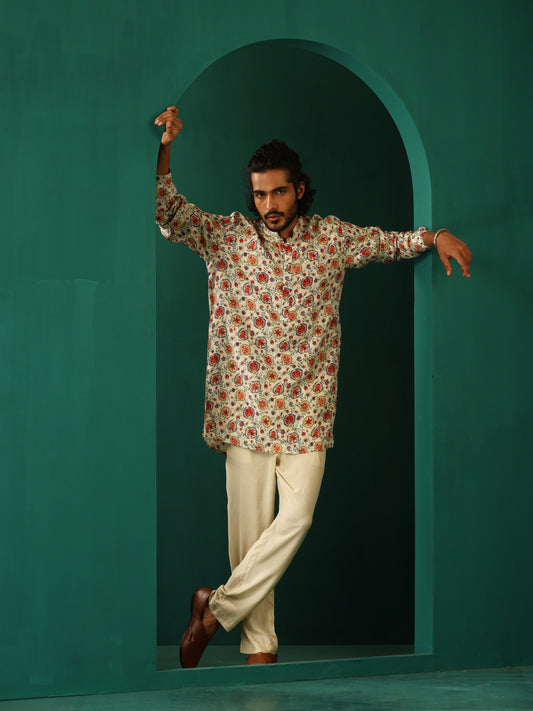 trueBrowns Men's Off White Floral Bunch Muslin Silk Printed Co-ord Set - Swadesiicart