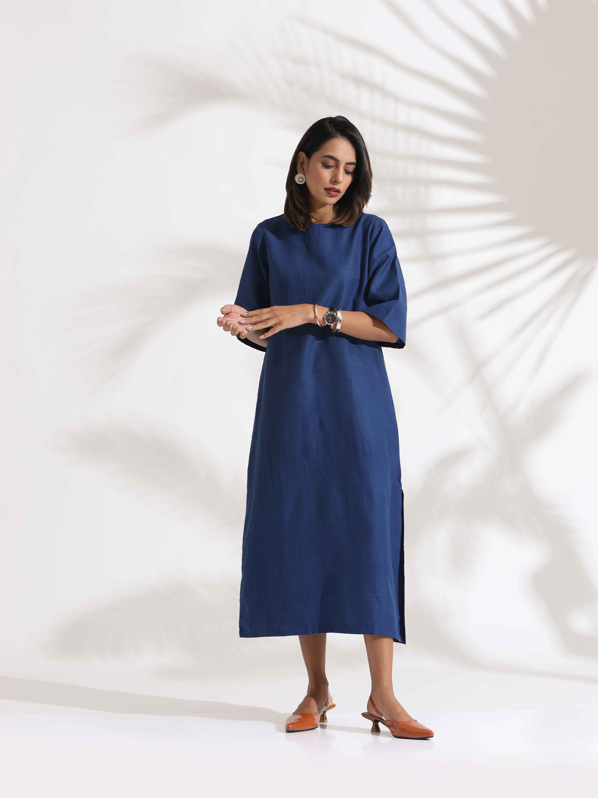 trueBrowns Blue Slub Dress | Swadesiicart