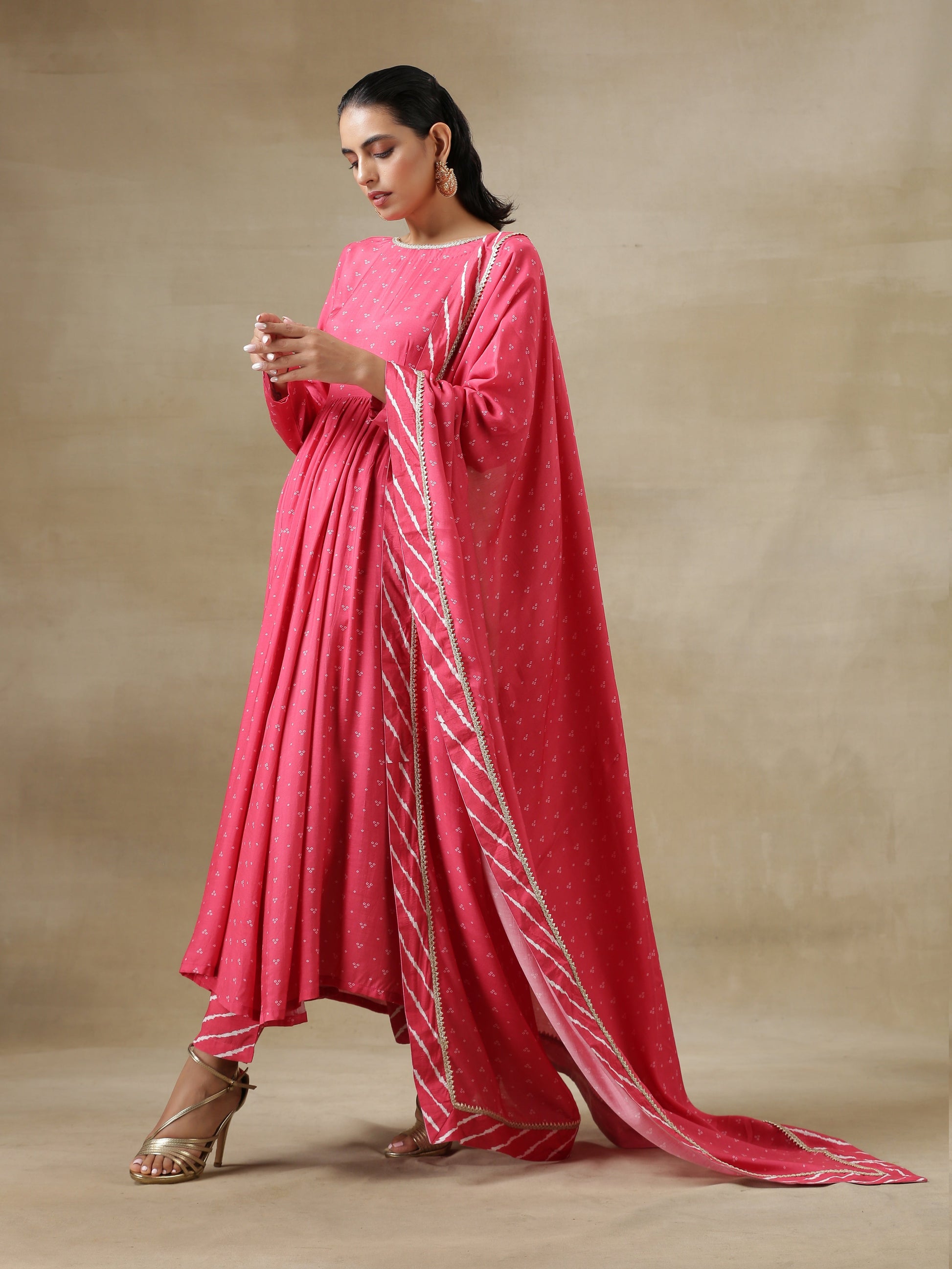 trueBrowns Pink Bandhani Printed Silk Anarkali Kurta Pant Dupatta Set | Swadesiicart