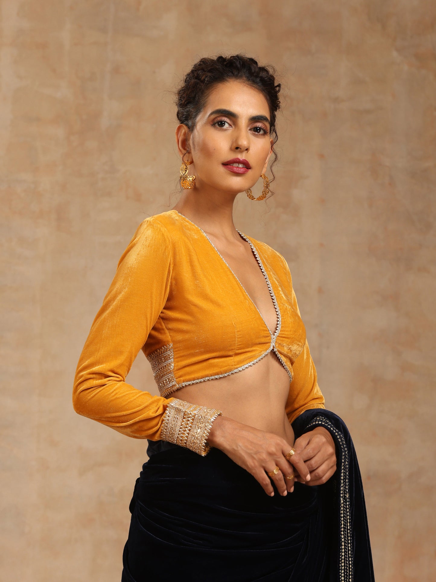 trueBrowns Mustard Velvet Lace Blouse | Swadesiicart