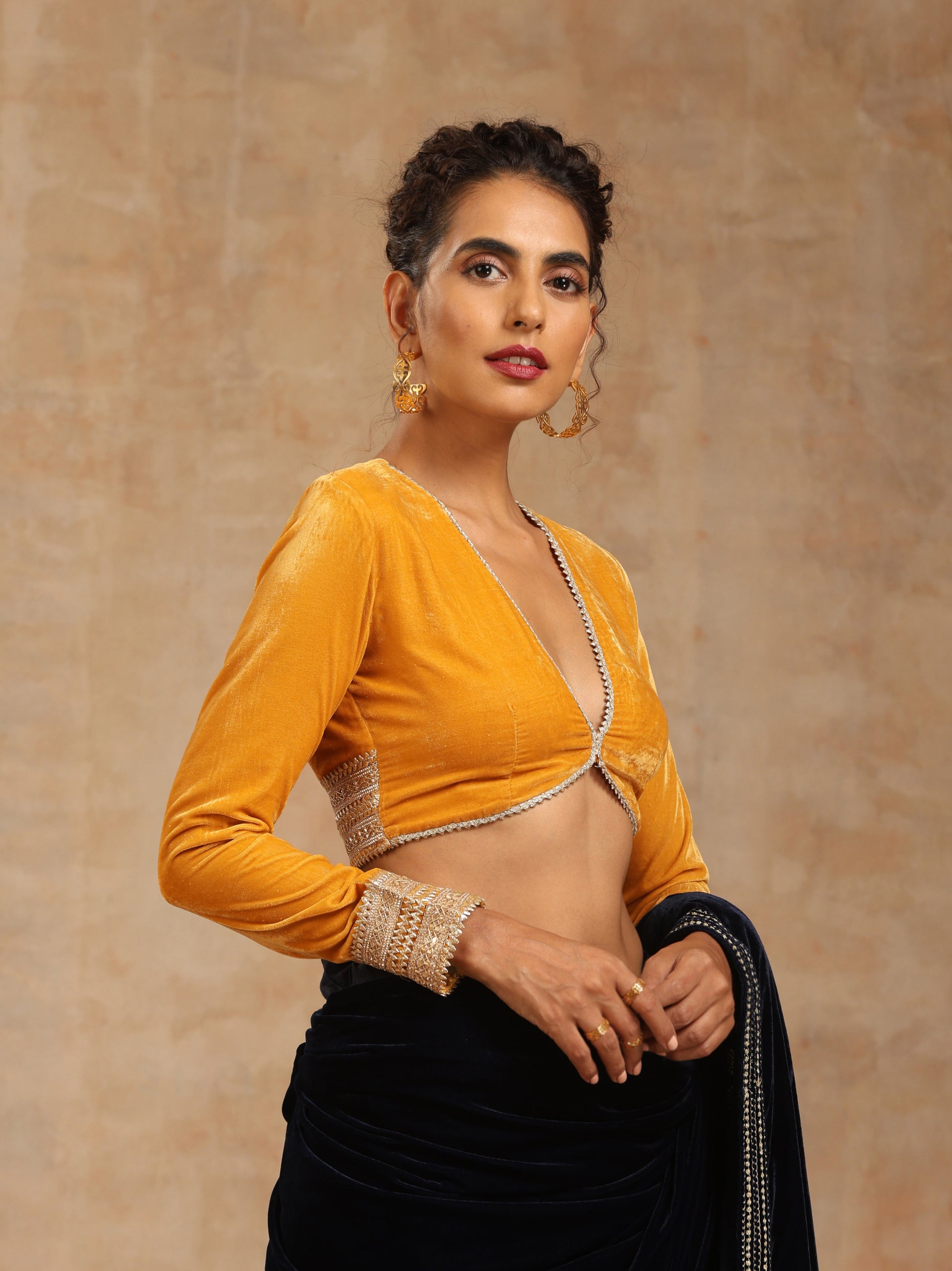 trueBrowns Mustard Velvet Lace Blouse | Swadesiicart