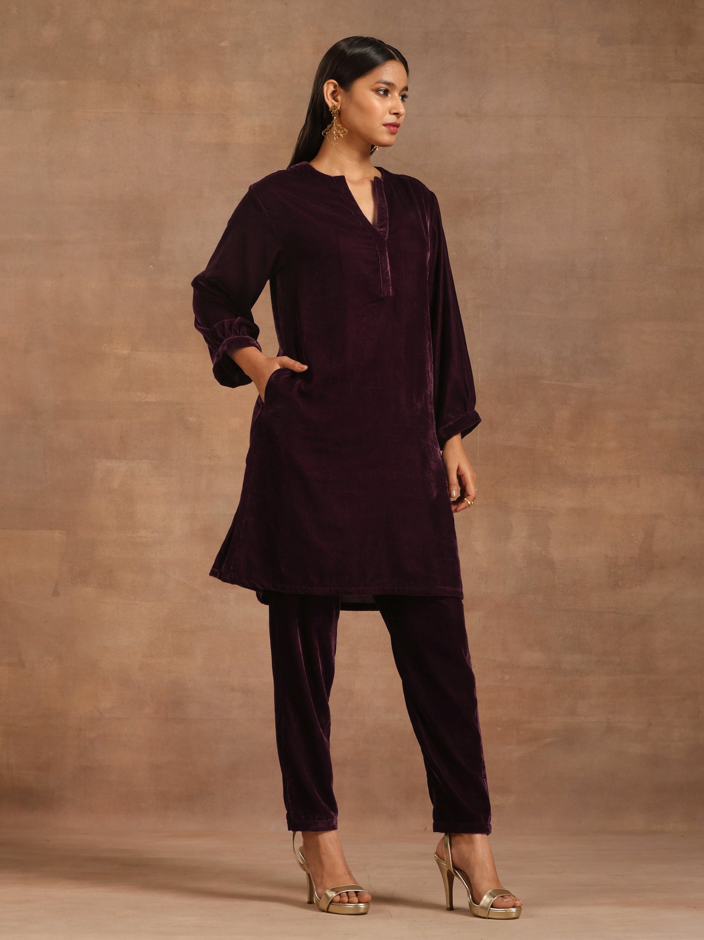 trueBrowns Wine Velvet Solid Co-ord Set - Swadesiicart