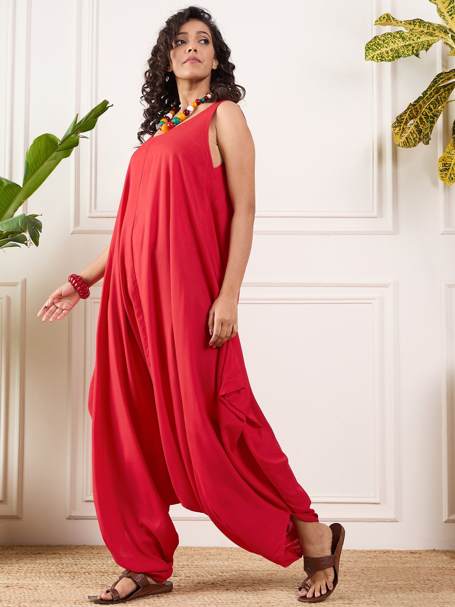 InWeave Red Round Sleeveless Jumpsuit - Swadesiicart