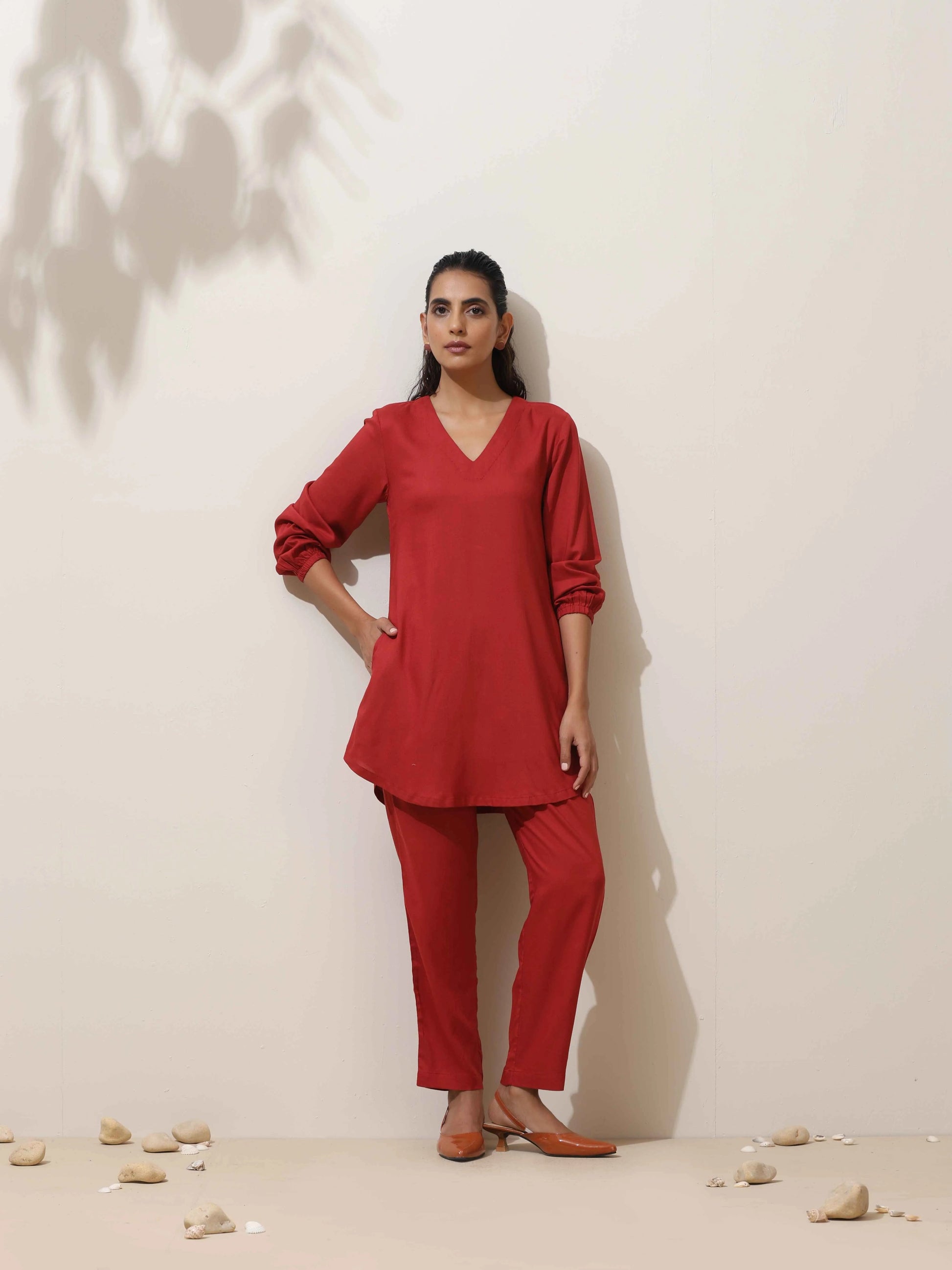 trueBrowns Maroon Viscose Co-ord Set - Swadesiicart