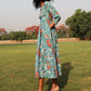 trueBrowns Teal Cotton Block Print Wrap Dress | Swadesiicart