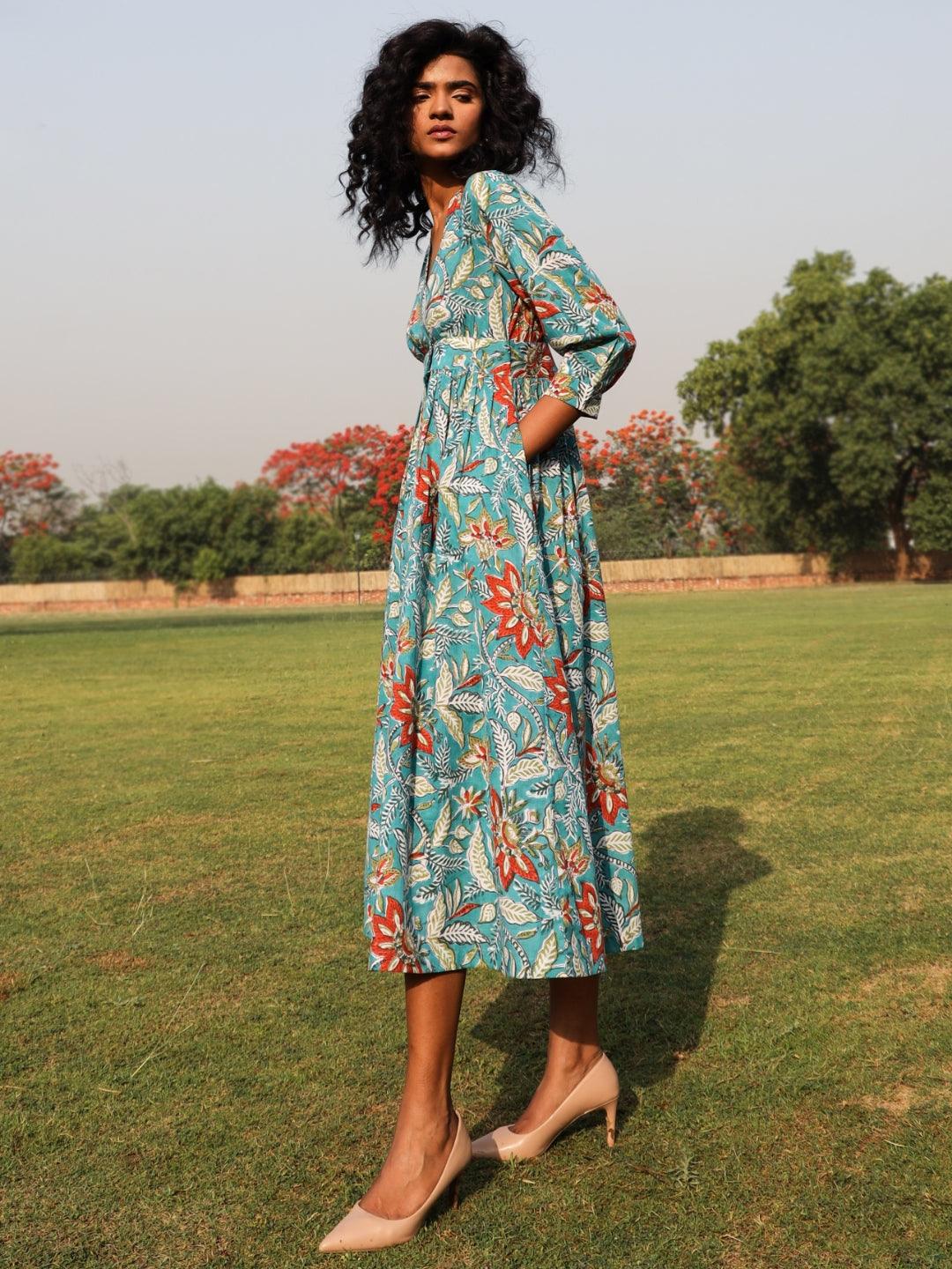 trueBrowns Teal Cotton Block Print Wrap Dress | Swadesiicart