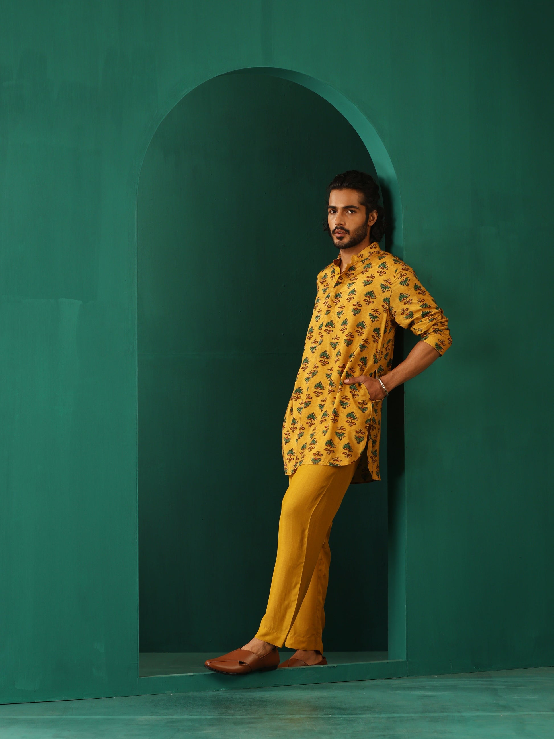 trueBrowns Men's Mustard Flower Stem Muslin Silk Printed Co-ord Set - Swadesiicart