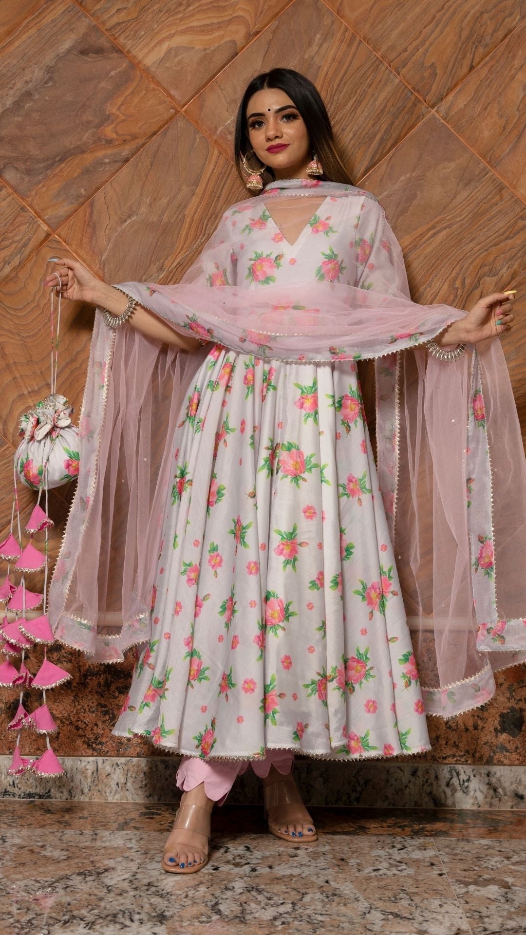 Pomcha Jaipur Flamingo Chandheri Anarkali Set | Swadesiicart