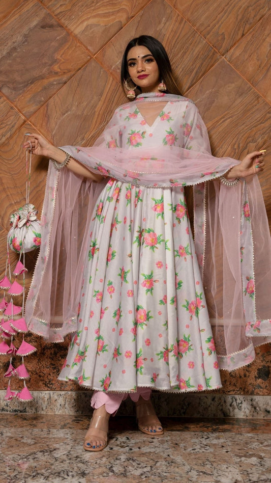 Pomcha Jaipur Flamingo Chandheri Anarkali Set | Swadesiicart
