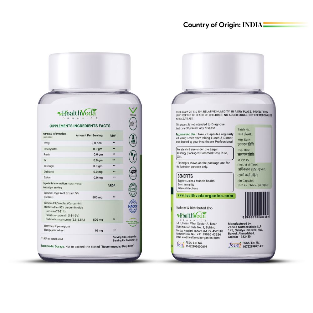 Health Veda Organics Curcumin C3 + Bioperine Capsules | Swadesiicart