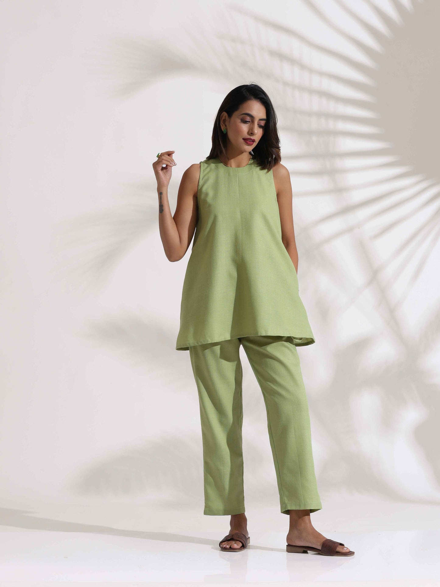 trueBrowns Green Slub Co-ord Set - Swadesiicart