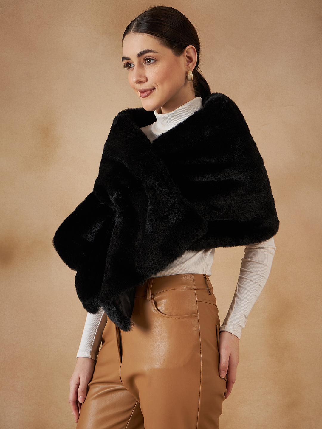 InWeave Women's Black Long Faux Fur Cape - Swadesiicart