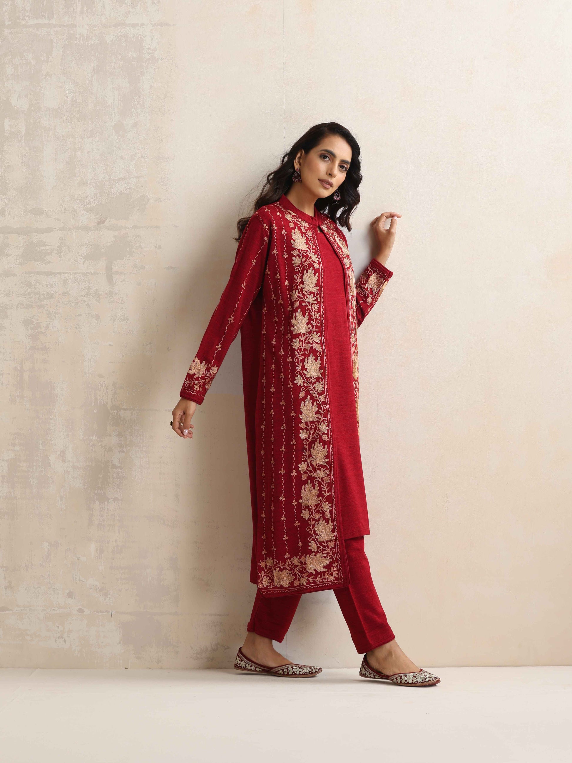 trueBrowns Red Kashmiri Woollen Jacket 3pc Set | Swadesiicart