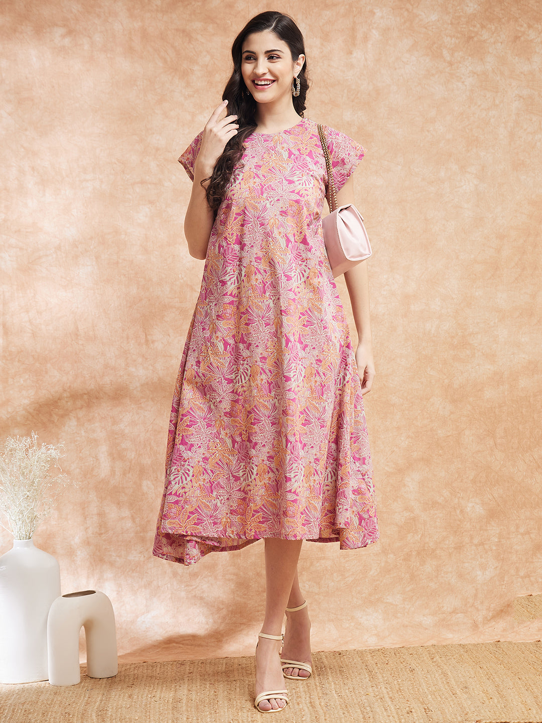 InWeave Women's Pink Coral Floral Print A Line Dress - Swadesiicart