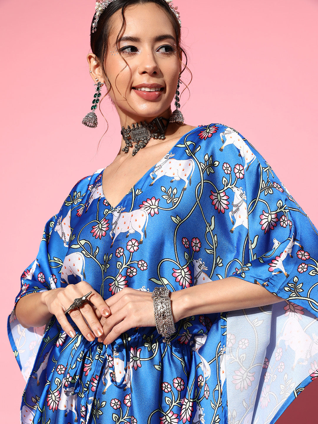 InWeave Women's Ink Blue Indian Bull Print Kaftan - Swadesiicart