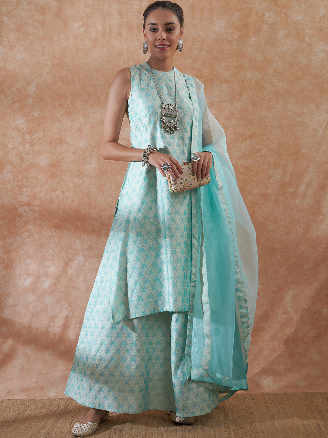 InWeave Women's Powder Blue Jacquard Halter Kurta Set W Powder Blue Or Dupatta - Swadesiicart