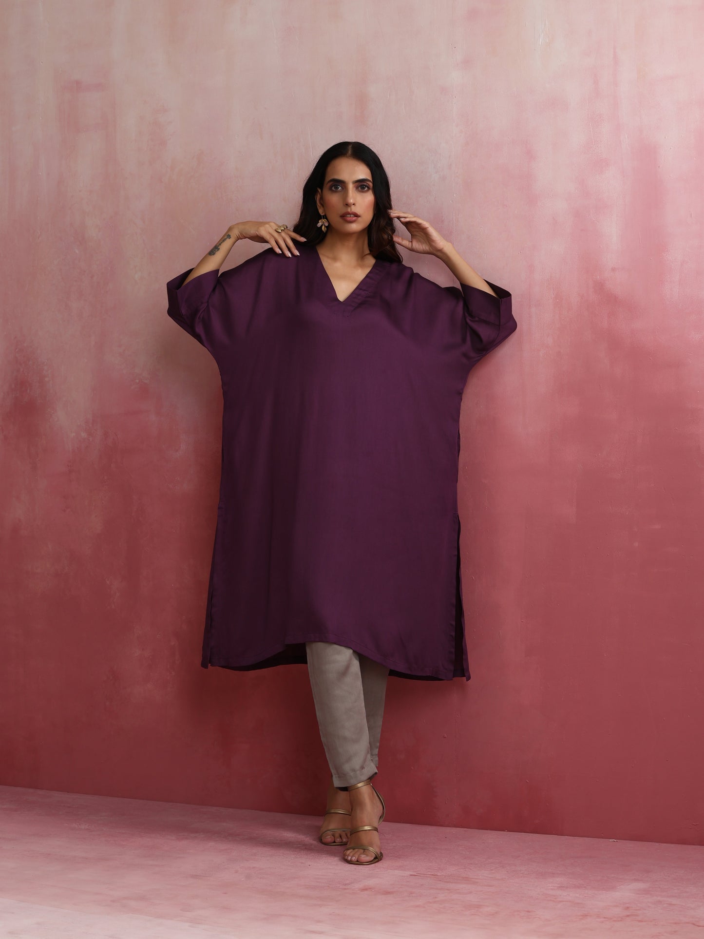 trueBrowns Purple Modal Kimono Kurta Set | Swadesiicart