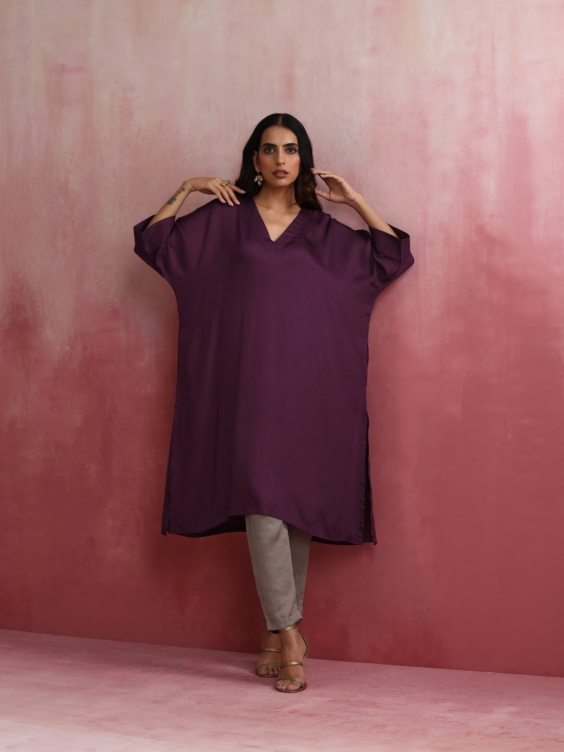 trueBrowns Purple Modal Kimono Kurta Set | Swadesiicart