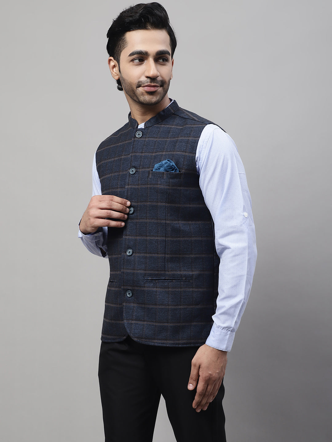 Even Apparels Men's Blue Nehru Jacket With Welt Pockets | Swadesiicart