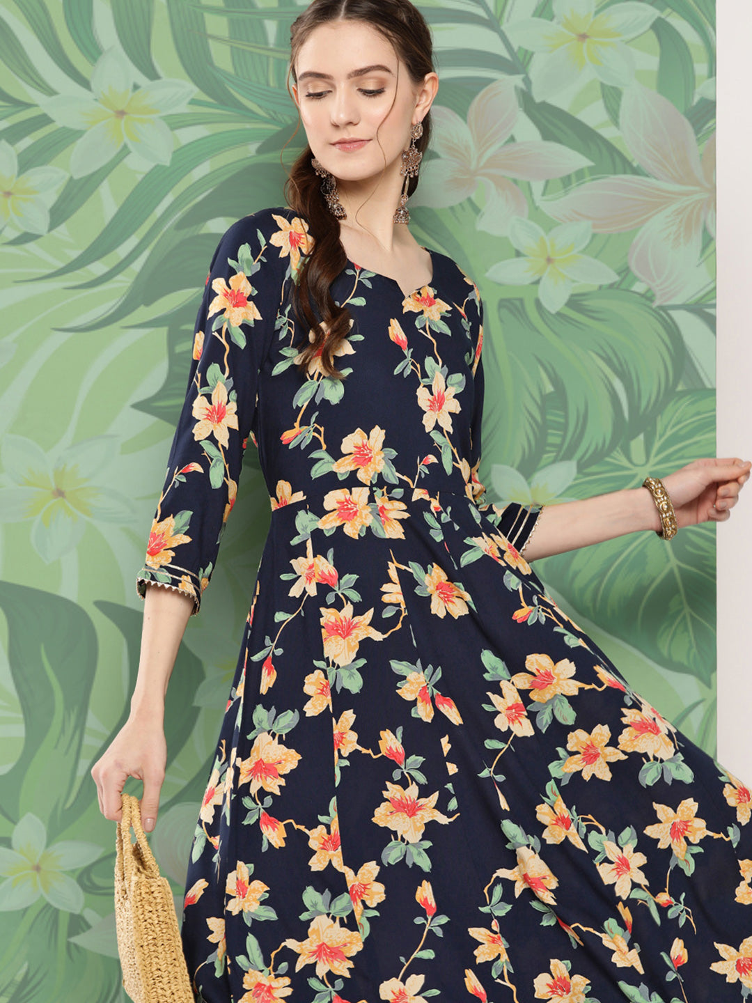 InWeave Women's Black Tropical Print Gota Long Dress - Swadesiicart