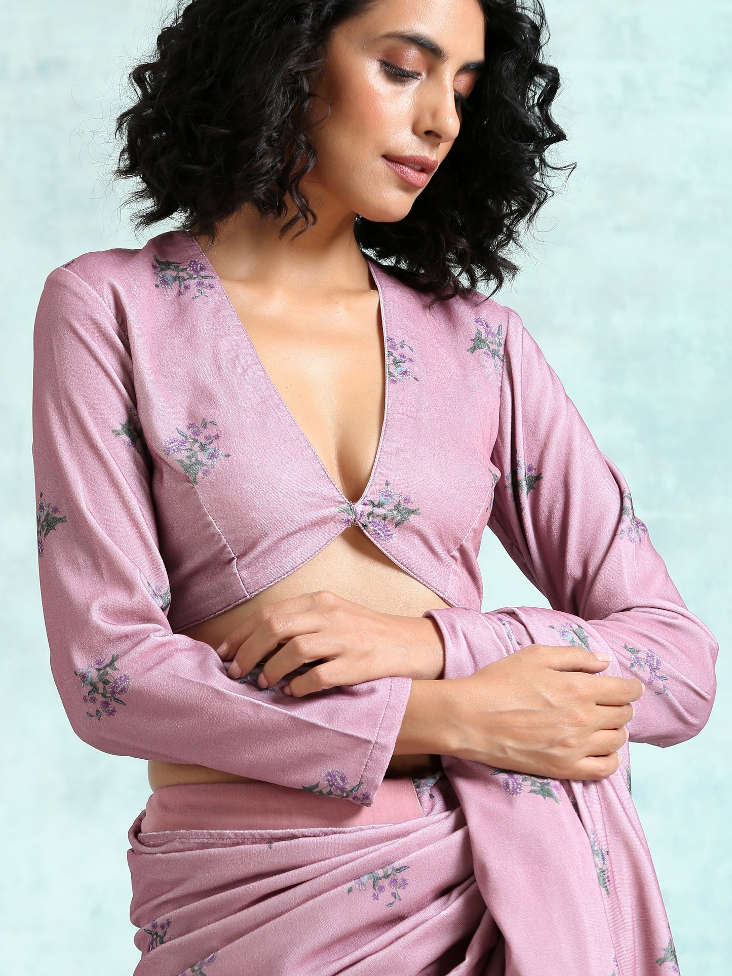 trueBrowns Light Mauve Printed Velvet Blouse | Swadesiicart