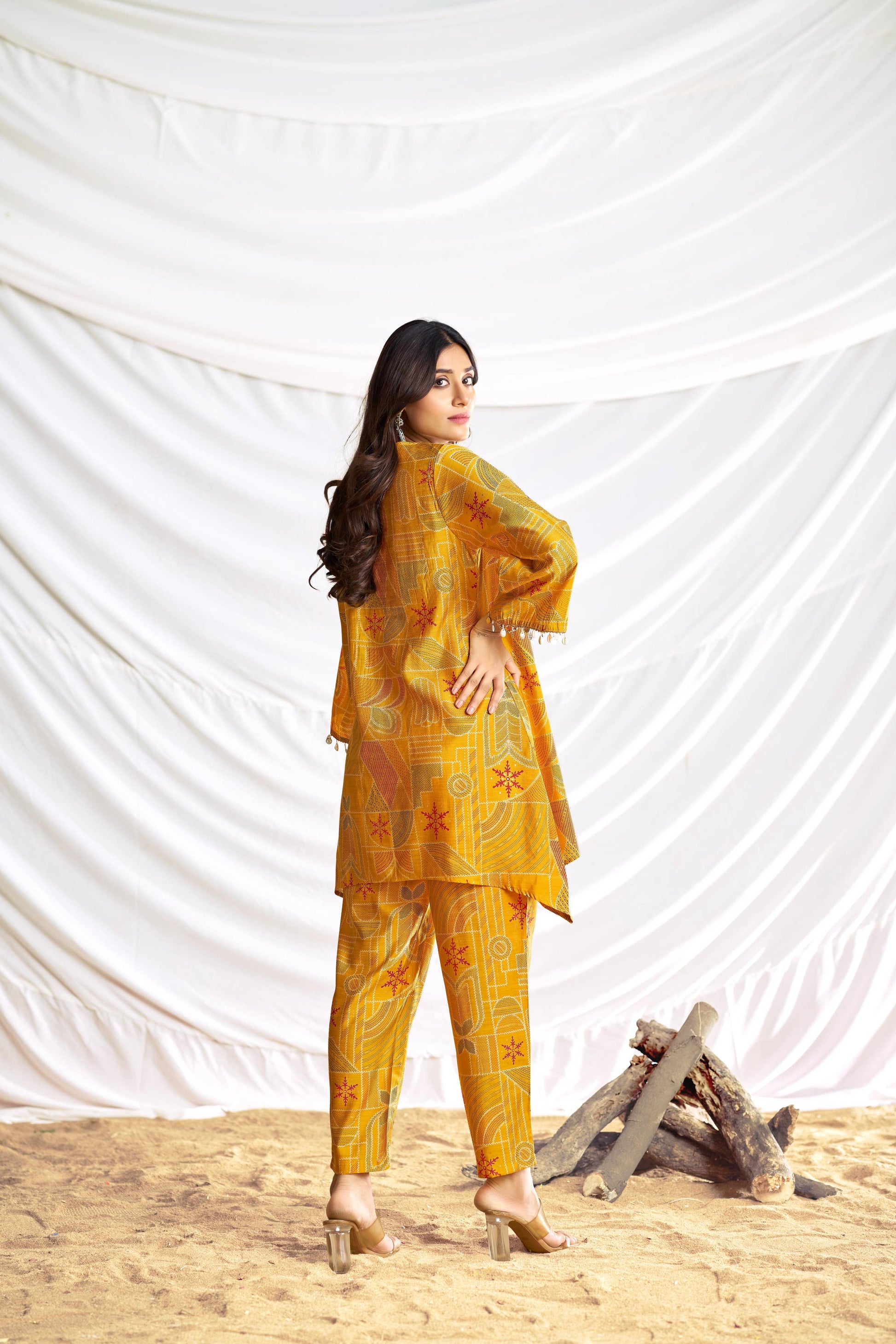BulBul Ashka Chanderi Mustard Co-Ord Set - Swadesiicart