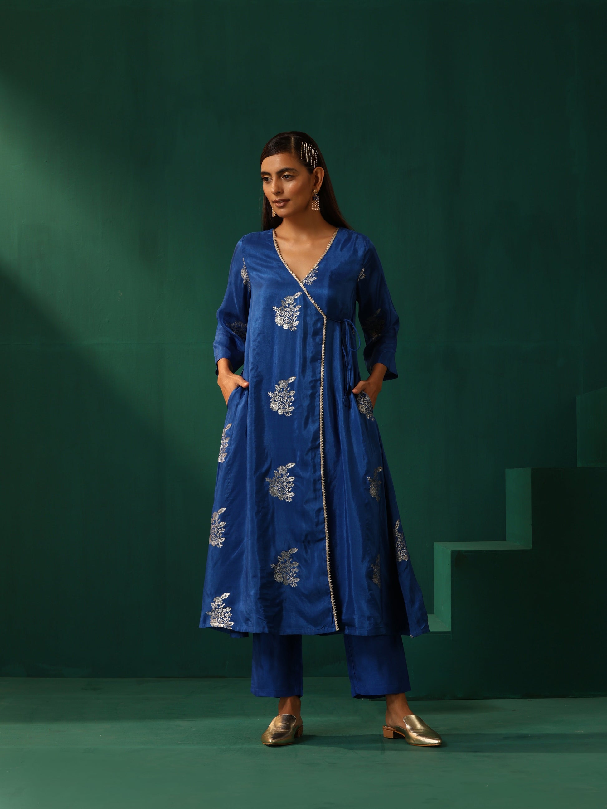 trueBrowns Royal Blue Floral Viscose Silk Angrakha Kurta Pant Set | Swadesiicart