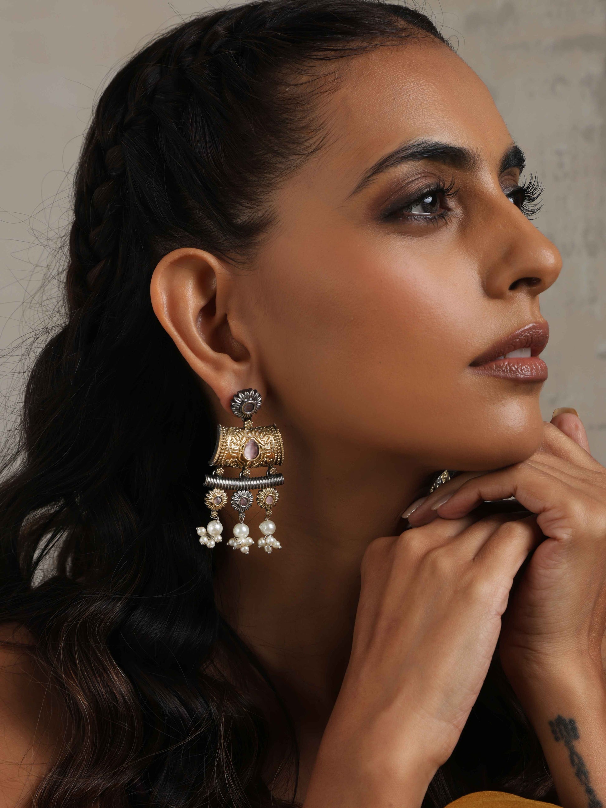 trueBrowns Silver Gold Tone Dangle Earrings - Swadesiicart