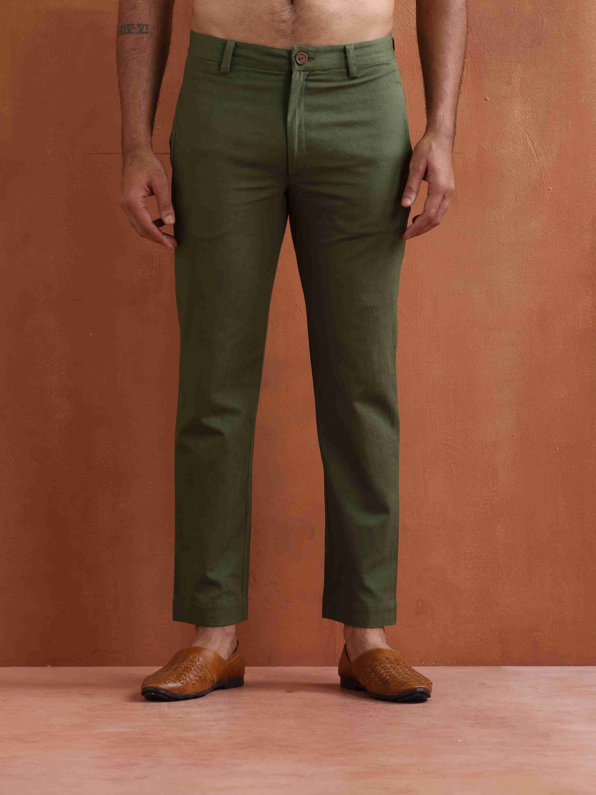trueBrowns Men's Olive Green Cotton Twill Pants | Swadesiicart