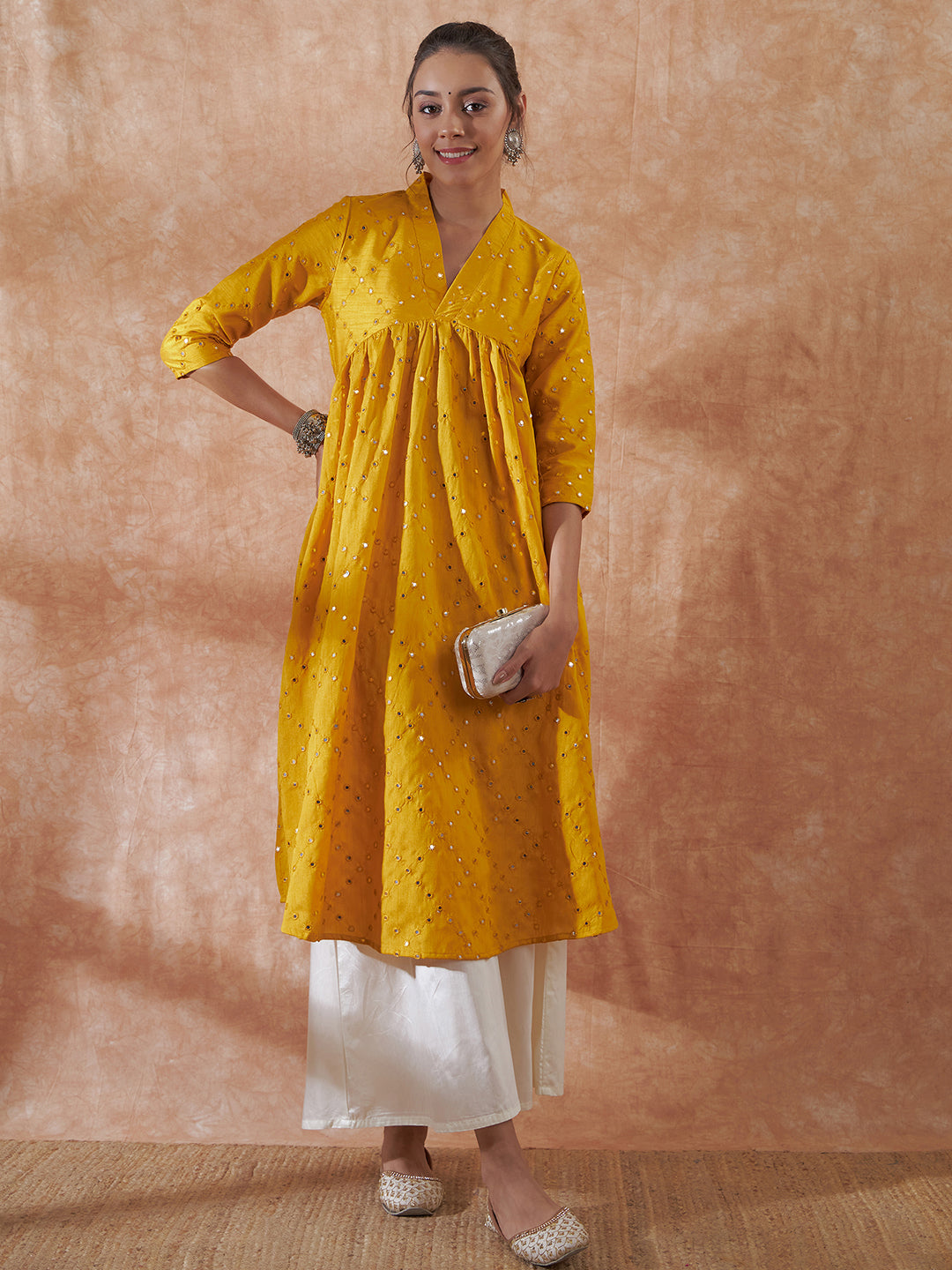 InWeave Women's Mustard Mirror Work Flared Kurta - Swadesiicart